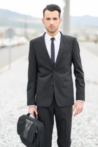 Young businessman near a office building hommes en costume noir tenant une sacoche de travail