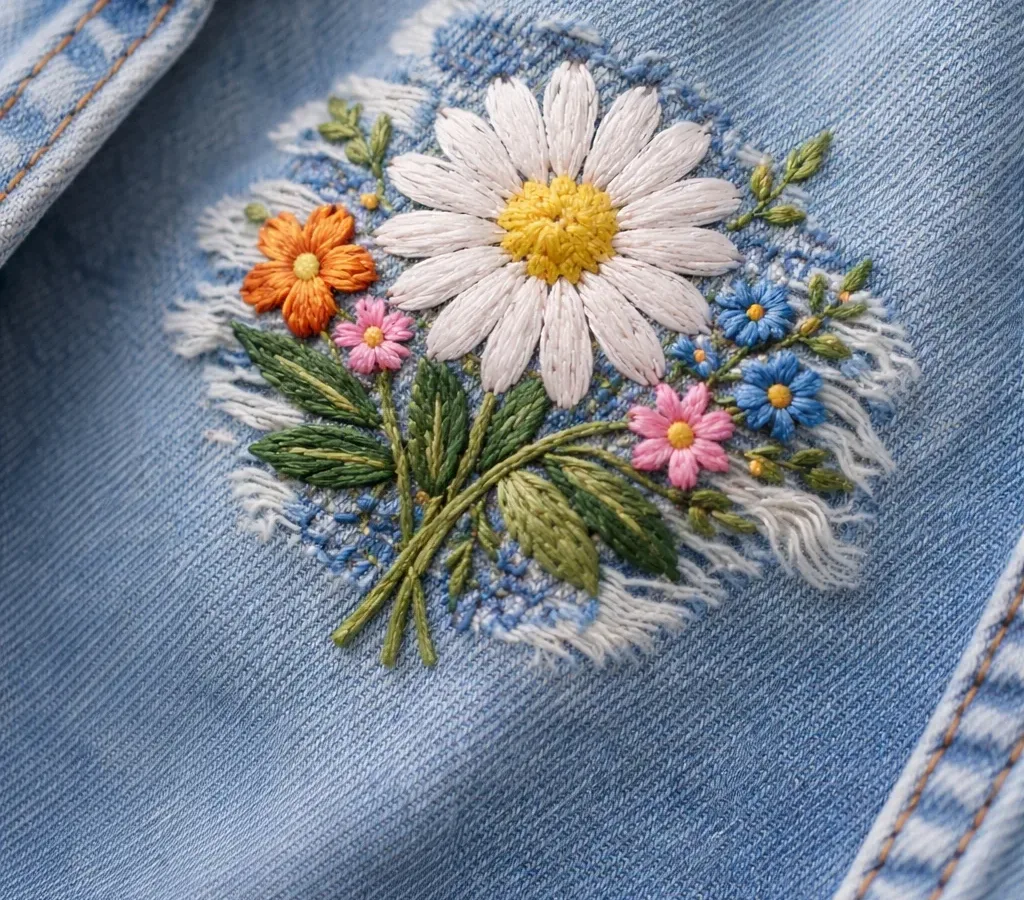 Broderie créative réalisée à la main sur un vêtement